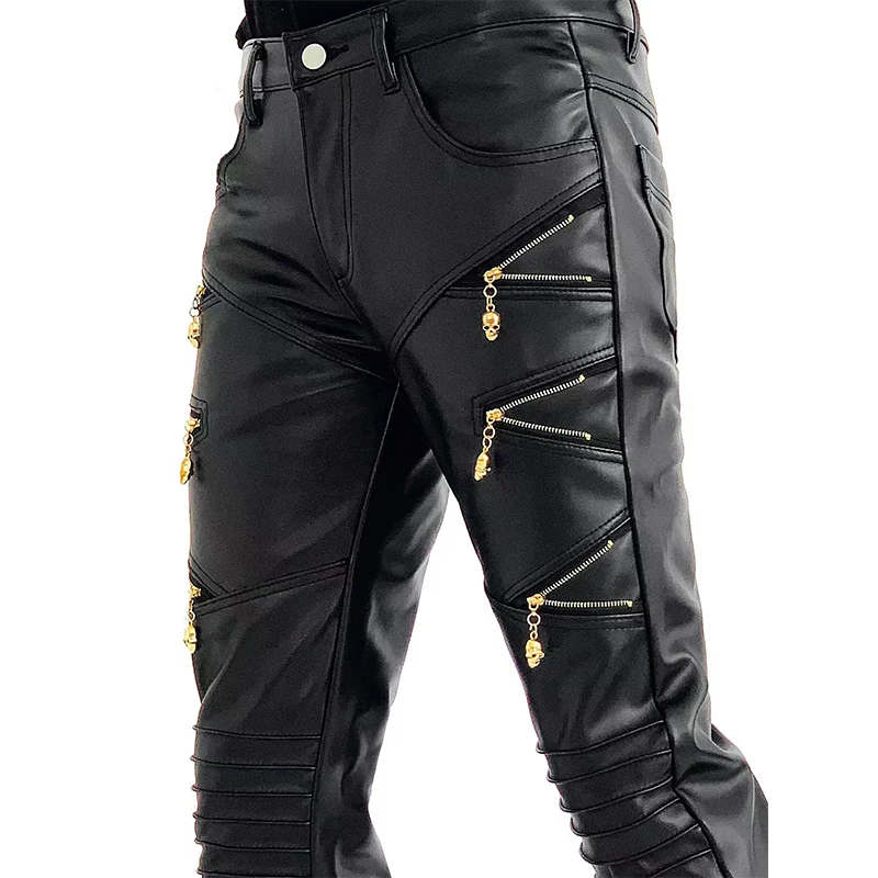 New Arrived Skinny Biker Leather Pants Mens New Faux Leather Biker Trousers for Male Trouser Stage Club Wear