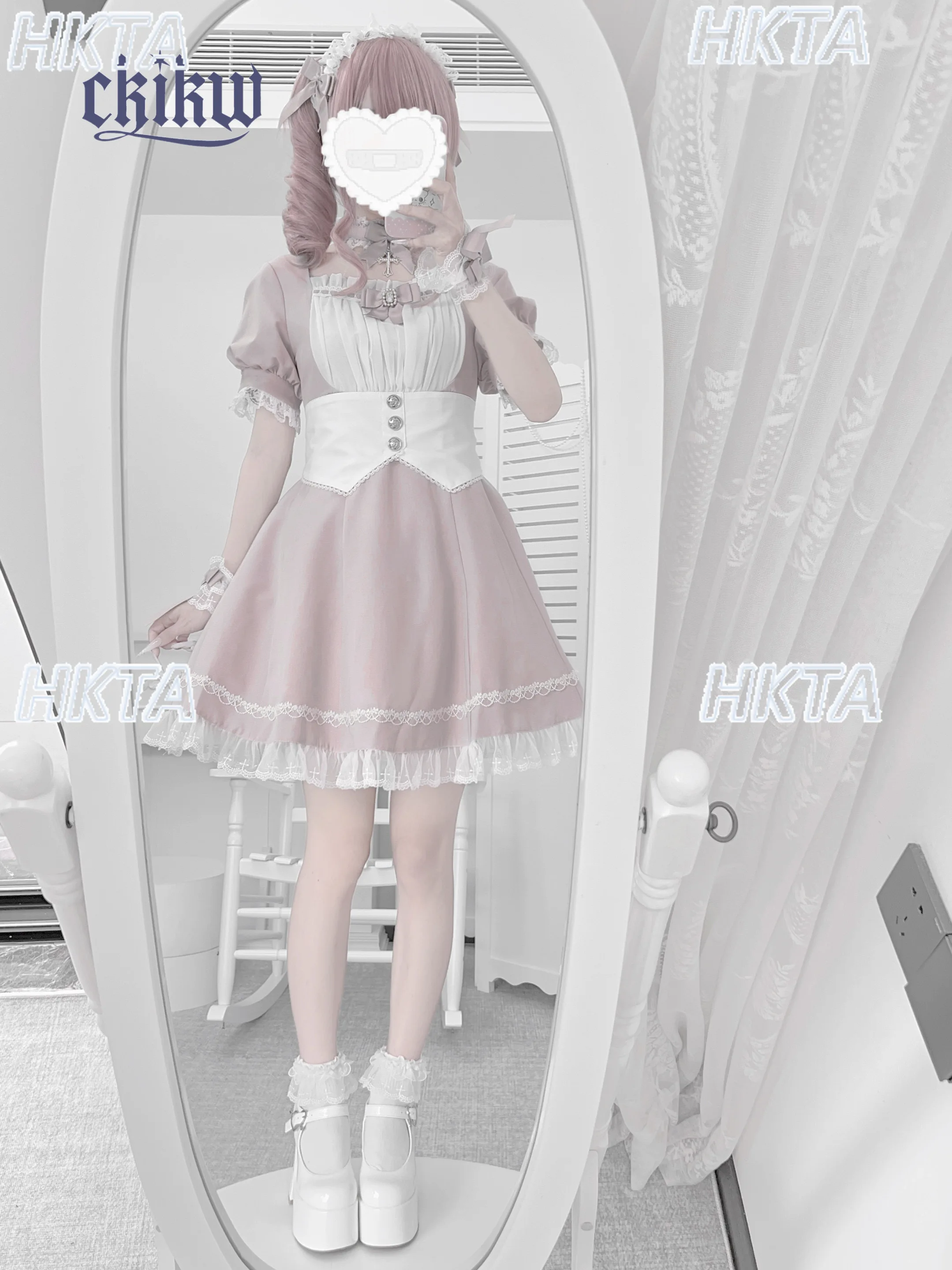 일본 서브컬쳐 버블 반팔 스퀘어넥 하이웨이스트 레이스 스티치 로리타 드레스 여성용 스윗 보우 블랙 앤 화이트 드레스