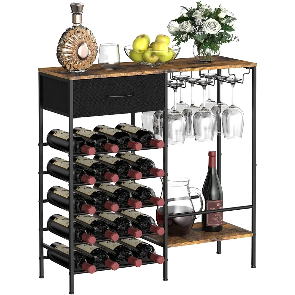 

Wine Rack Freestanding Floor, Wine Bar Cabinet with Wine Storage and Glass Holder, Mini Home Bar for Liquor Cabinet