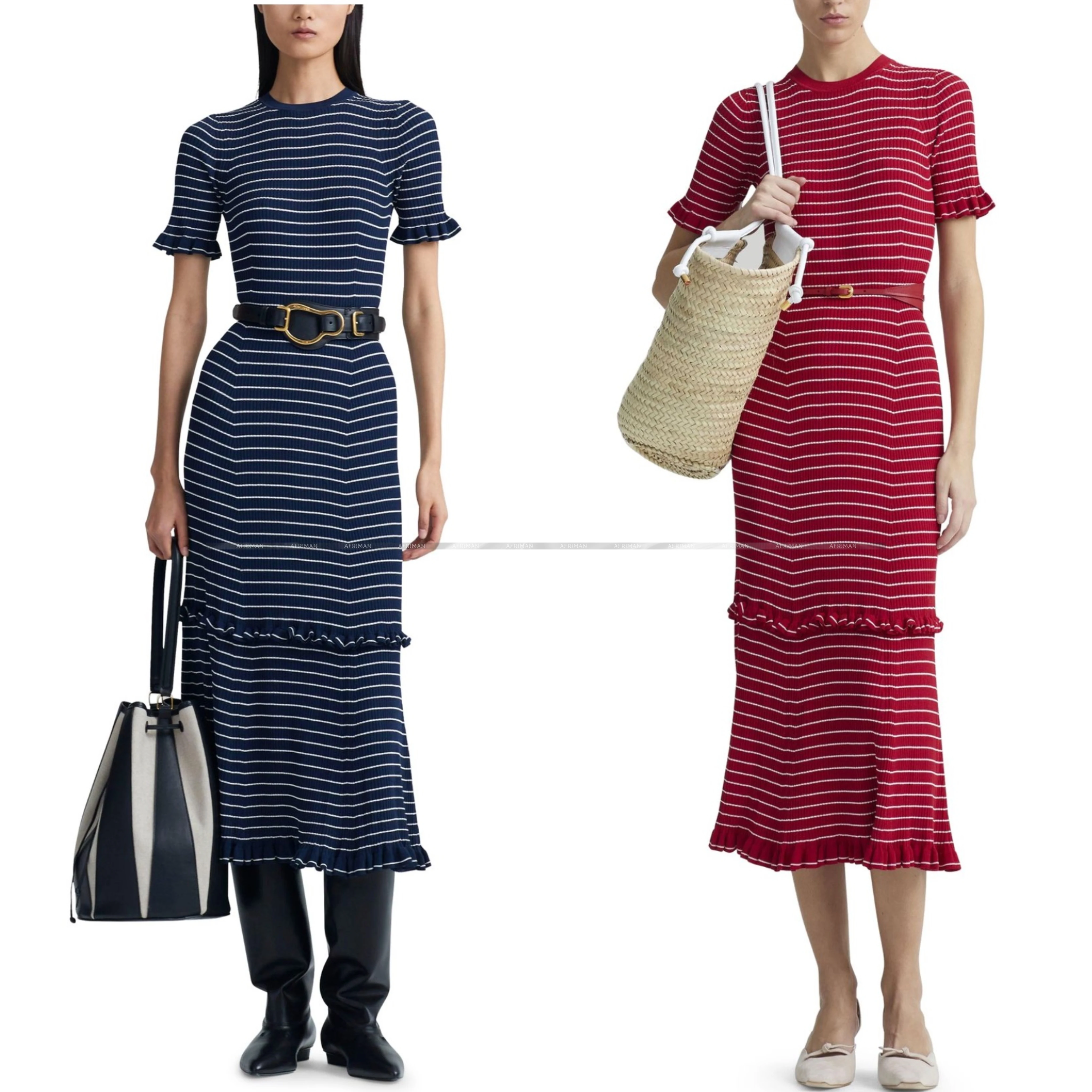 

Women Round Neck Edible Tree Fungus Decoration Striped Midi Step Knit Dress