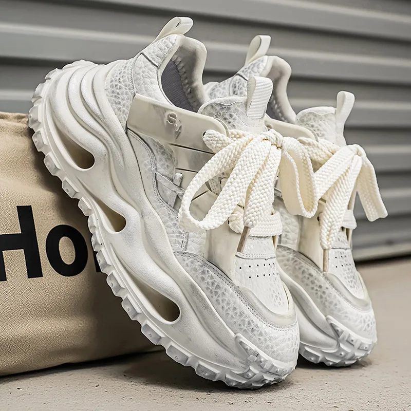 

European station men's shoes - Spring trendy brand plain-color fashionable high-heel thick-soled dad shoes for sports activities