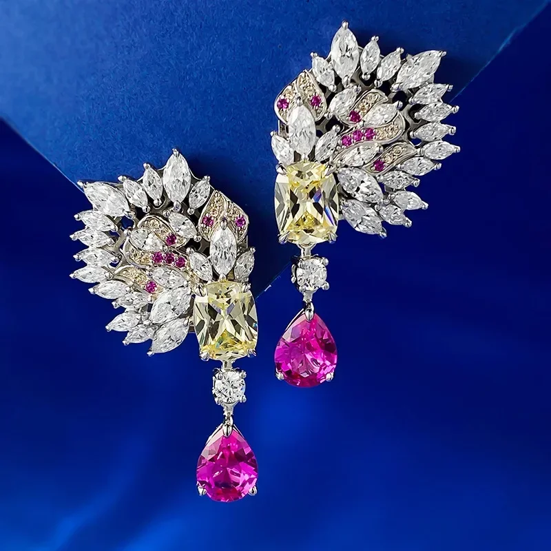 

Elegant Flower Ruby Diamond Dangle Earring Real 925 Sterling Silver Jewelry Engagement Wedding Drop Earrings for Women Gift