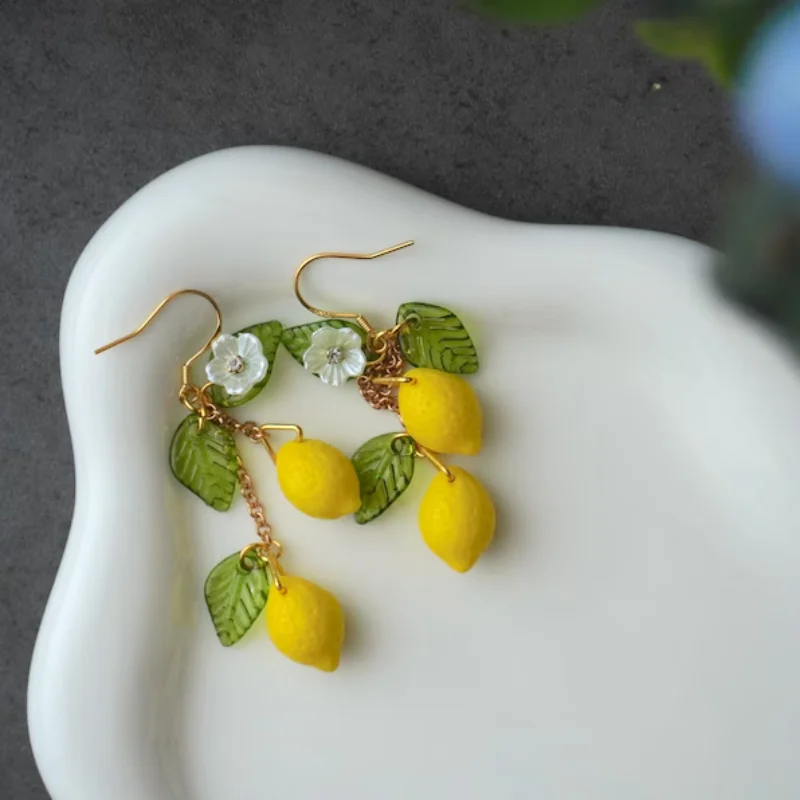 Czech glass lemon earrings，Light weight fruit food earrings can love Kawaii earrings Pastoral earrings for her birthday present