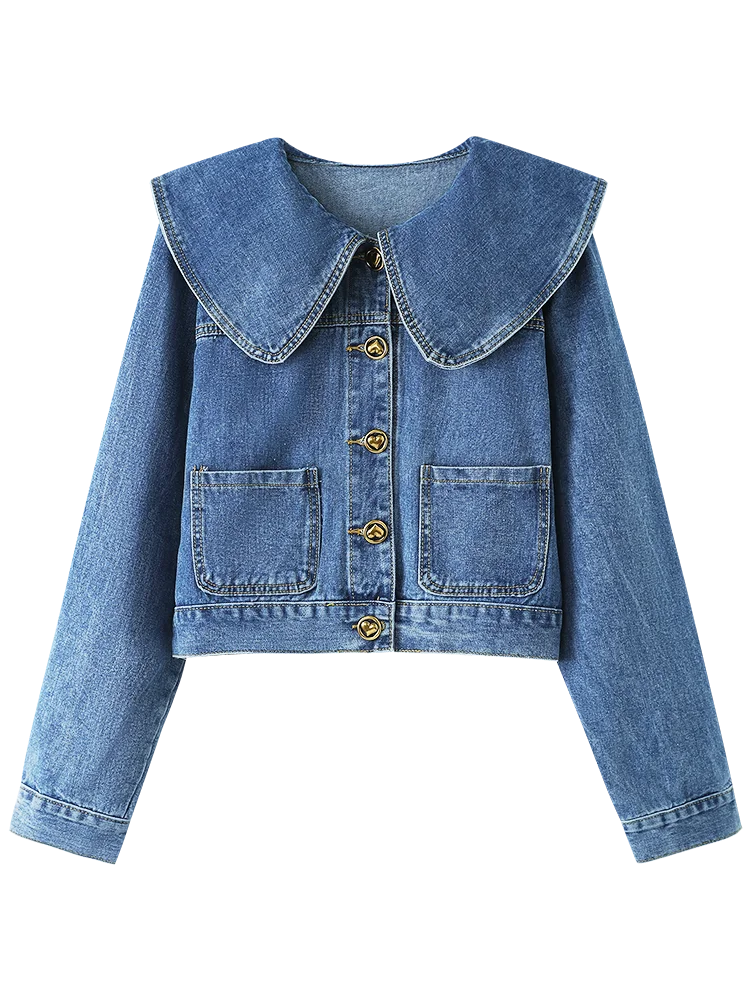 Giacche di jeans Vintage Crop donna dolce colletto Peter Pan maniche lunghe cappotto di jeans bottone moda coreana capispalla allentata Casual