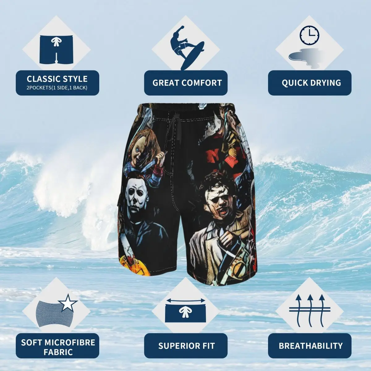 Hellraiser Board Shorts Horror Movie Characters Males Comfortable Beach Shorts Trenky Custom Plus Size Swimming Trunks