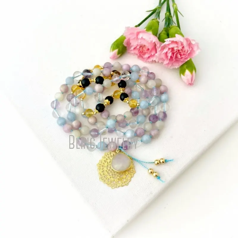 

MN43539 Balance 7 Chakra Mala Beads Necklace with Moonstone Kunzite Citrine Quartz Amethyst Prayer Beaded for Women