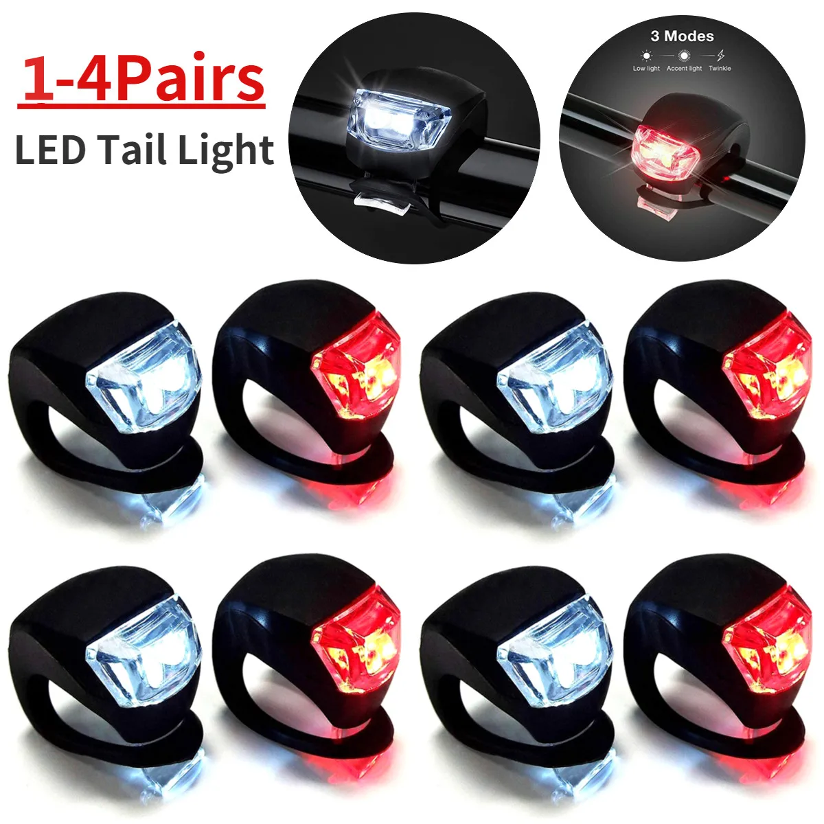 1-4Pairs LED Silicone Bicycle Front Rear Light Set 3 Modes Waterproof MTB Mountain Road Bike Cycling Headlight Tail Warning Lamp