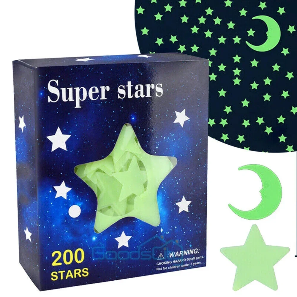 200PCS Paste Painting Of Super Bright And Lasting Luminous Stars And Moon At Night For Children Toddlers Room Decoration Wall St