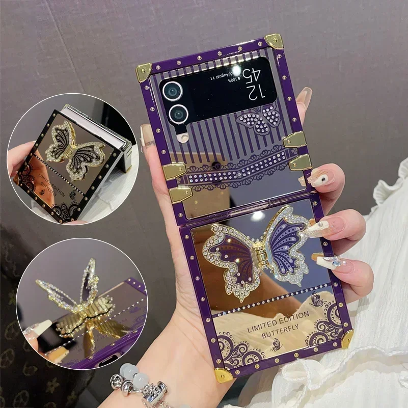 Luxury Butterfly Case for Samsung Galaxy Z Flip 4 3 Flip4 A73 A54 5G A34 A52 A14 A53 A72 S23 Ultra S22 Plus S24 Girl Stand Cover