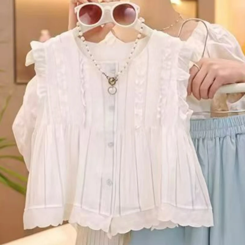 Premium Teen Girls Lace Outfit Set - White Crochet Blouse + Sky Blue Pants Ruffle Hem (Korean Spring-Summer, 5-15Y)​