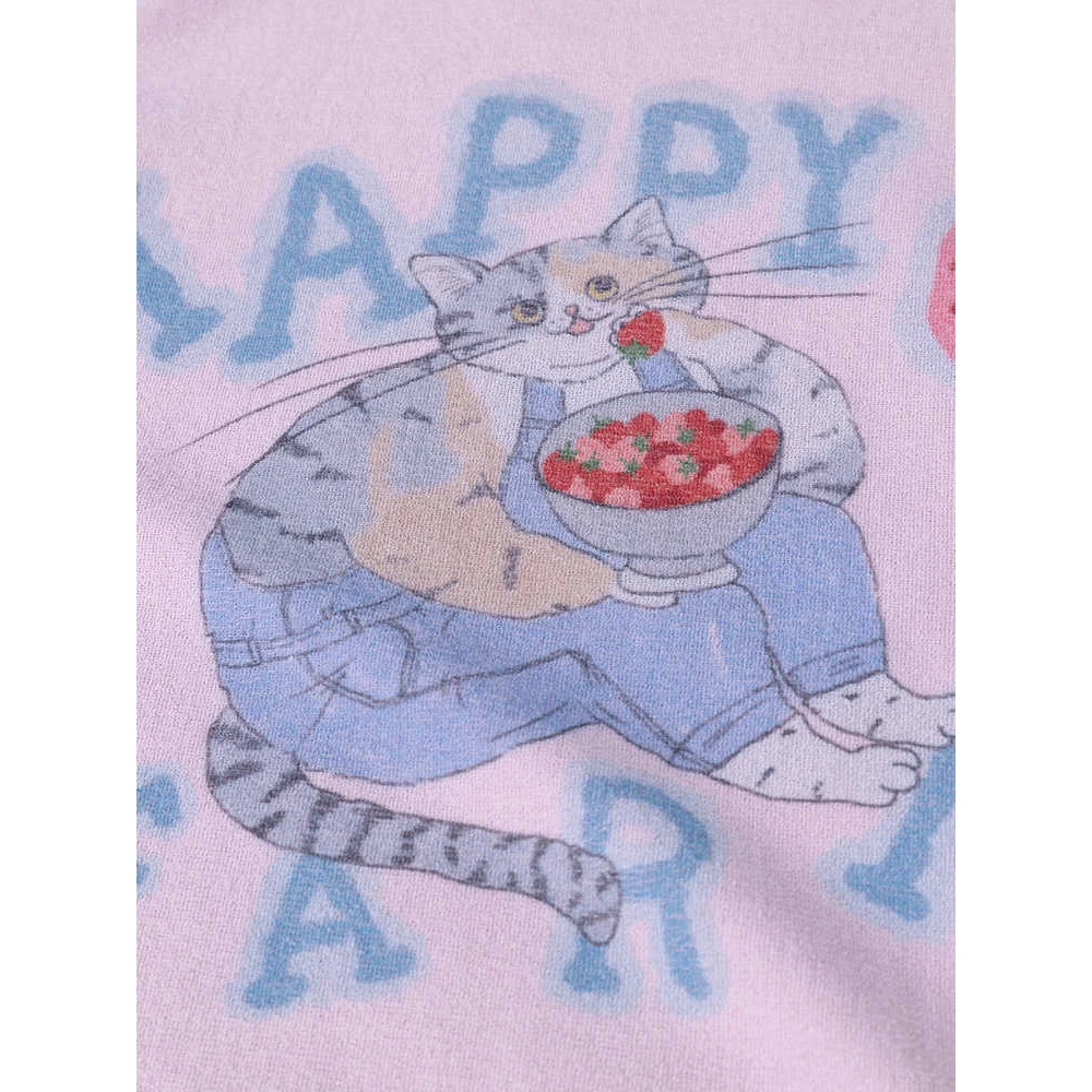 MOVEUP Long Sleeved Round Neck T-Shirt 2026 Autumn New Strawberry Cat Print Fake Two Piece Checkered T-Shirt Women 3ELC10543