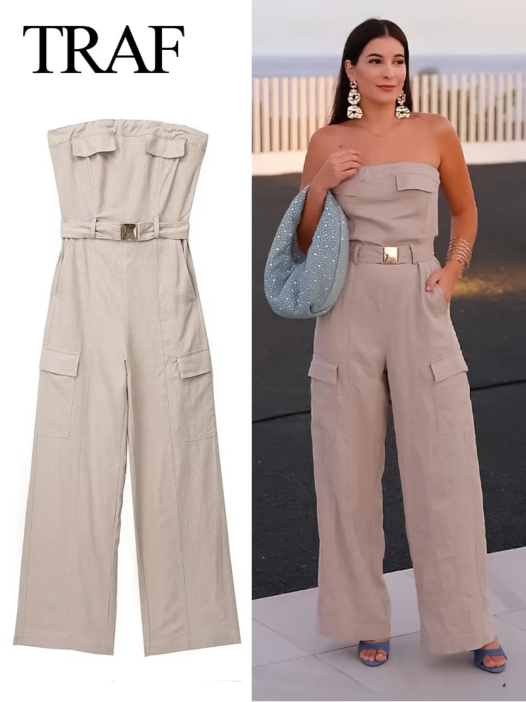 

TRAF 2023 Summer Autumn Oufits For Women Solid Khaki Jumpsuit With Belt Pockets Pants Female Loose Chic Clothing Streetwear