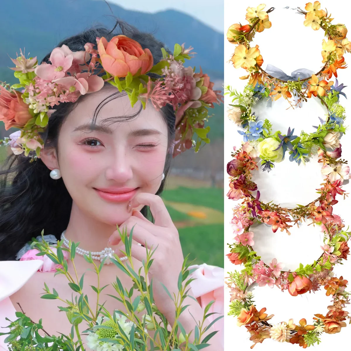 

Bride wreath headdress artificial flower headband wedding travel photos props head flower wreaths garlands headwear decoration