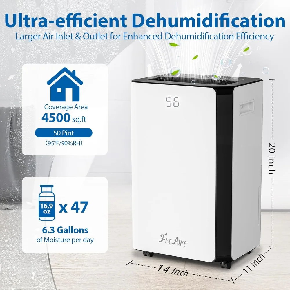 4,500 Sq. Ft. Dehumidifier for Basement Large Room Humidity Control 50 Pint Dehumidifiers with Auto or Manual Drainage for Home