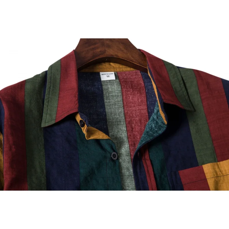 SZYL-Striped Shirt for Men, Cotton and Linen Ribbon, Long Sleeves, Breathable, Contrast Color, Autumn and Winter, New