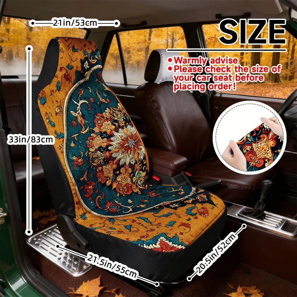 2pcs Stylish Arabesque Floral Mandala Design Front Covers | Perfect Fit For Single Front Car Seats, Enhances Car Interior With F