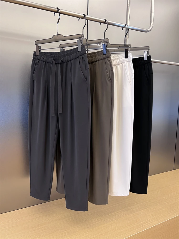 

Trendy Ice Silk Men's Summer Casual Pants Loose Straight Thin Pleated Drape Wide Leg West Pants Breathable Comfortable Lightw...