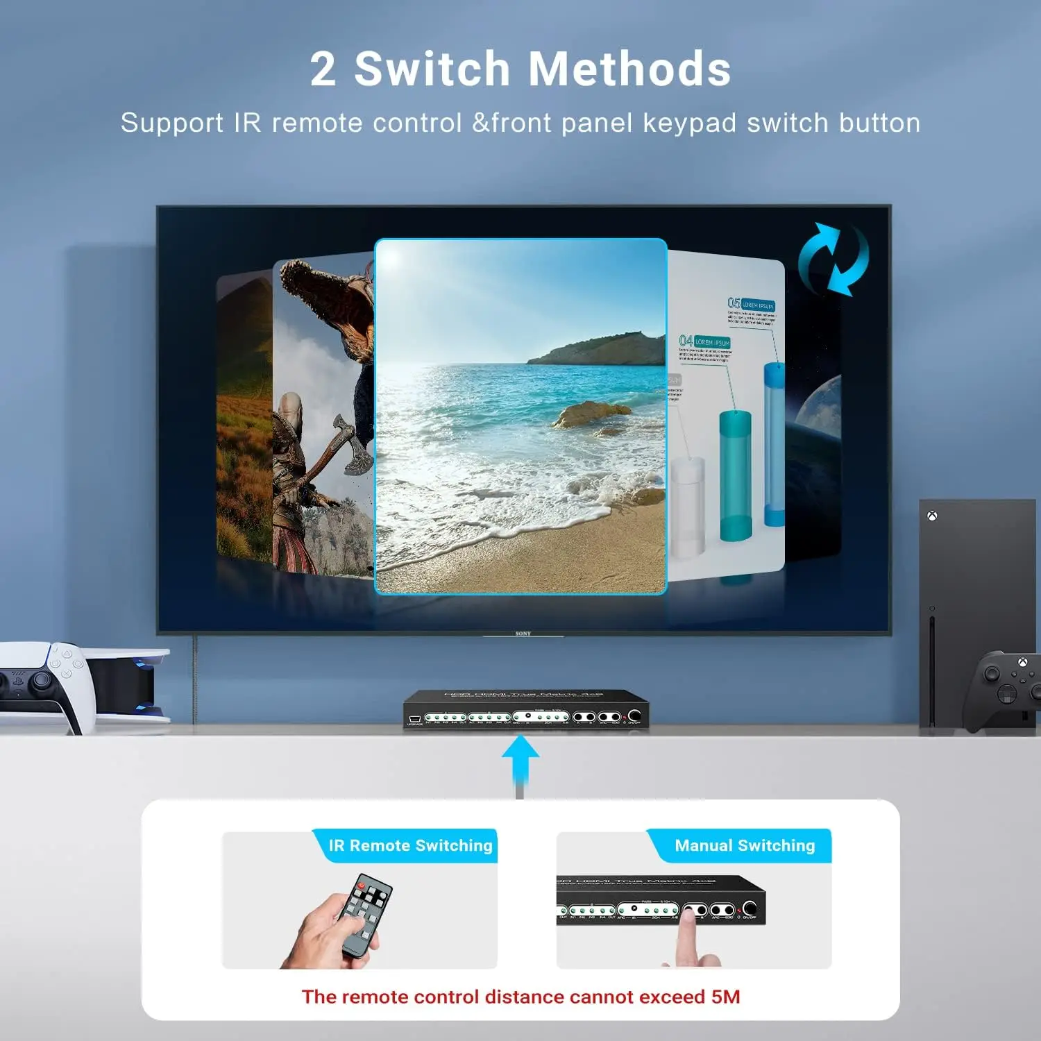 8K HDMI 2.1 Switcher Matrix,4x2 Video Splitter 4K 120Hz Audio Extractor ARC Dolby Vision Atmos 7.1 5.1 2CH Audio for PS5