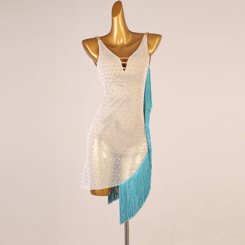 V‑Neck Spaghetti Strap Full Body Dense Rhinestone Side Spliced Diagonal Tassel Irregular Hem Dance Dress For Latin Dance Competi