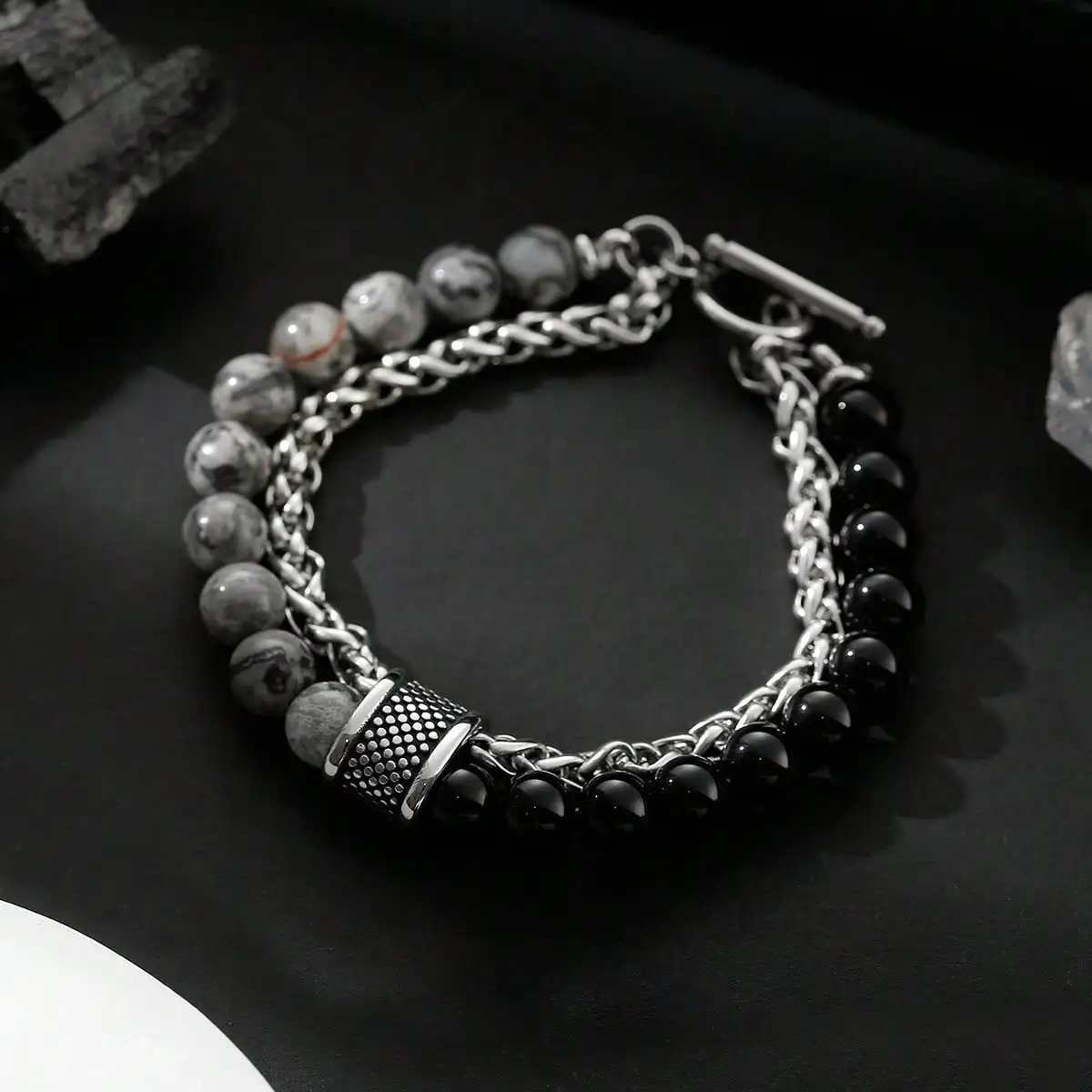 Vintage Matte Map Stone Double Layer Beaded Good Luck Charm Bracelet for Men Titanium Steel OT Buckle Lucky Bead Bangle Fashion Daily Wearing Jewelry
