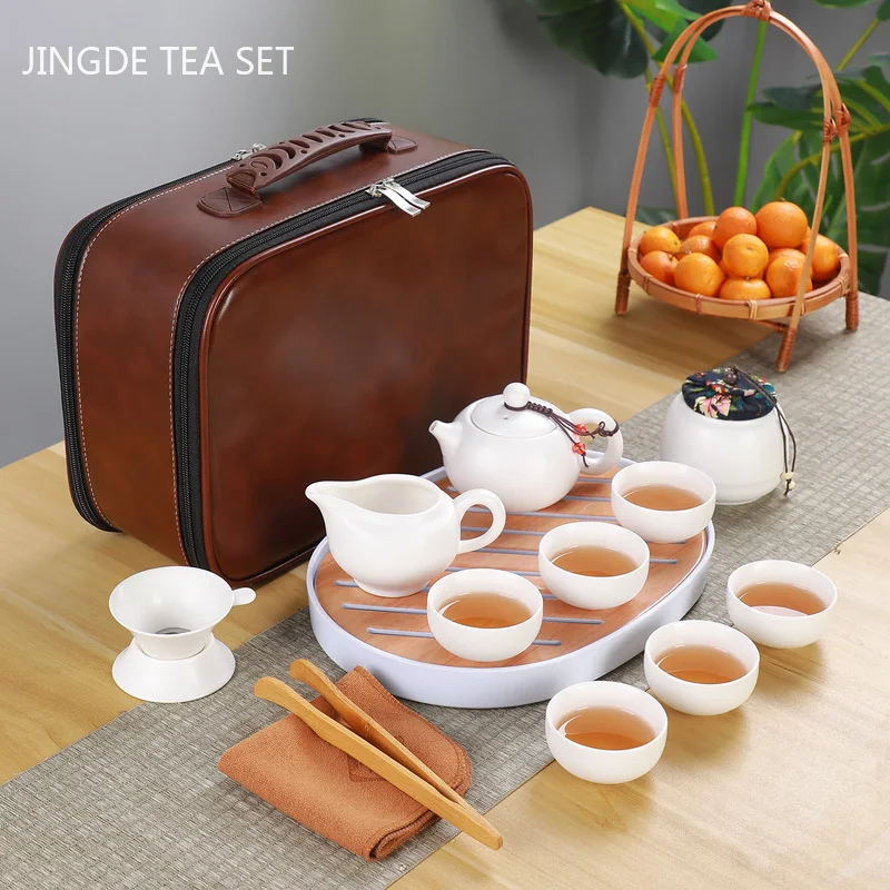 

Ceramic Teapot One Pot Six Cup Outdoor Travel Tea Pot and Cup Set Tote Bag Chinese Tea Set Business Gift Home Porcelain Teaware