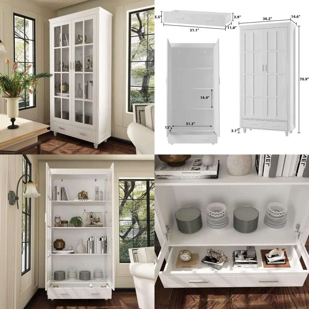 ECACAD Книжный шкаф со стеклянной дверью, 3-х уровневая деревянная полка-витрина для гостиной и домашнего офиса