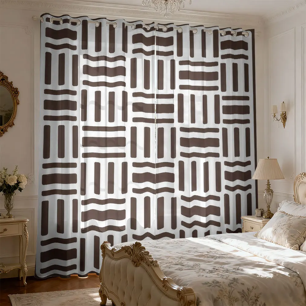 2pcs Brown White Geometric Line Spliced Print Curtains With Holes Double Sided For Living Room Bedroom Light Blocking Decor