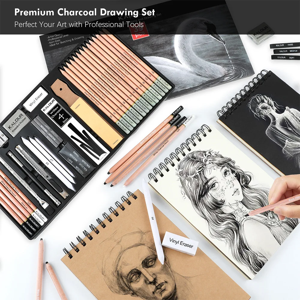 Kalour PDAS Set Pensil Sketsa 22/39 Buah Pensil Grafit Arang Batang Ergonomis Kit Gambar Lengkap Hadiah Seniman Kualitas PRO