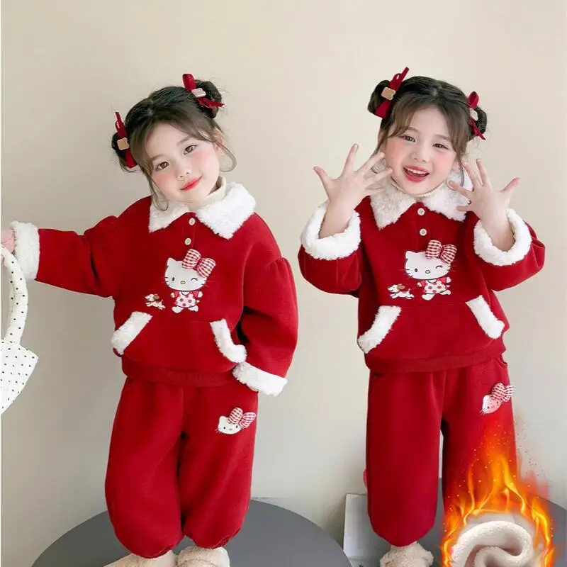 سانريو مرحبا كيتي رشاقته هوديي قطعتين مجموعة فتاة الشتاء بلايز السراويل الطفل Kawaii أنيمي الكرتون موضة ملابس كاجوال جديدة