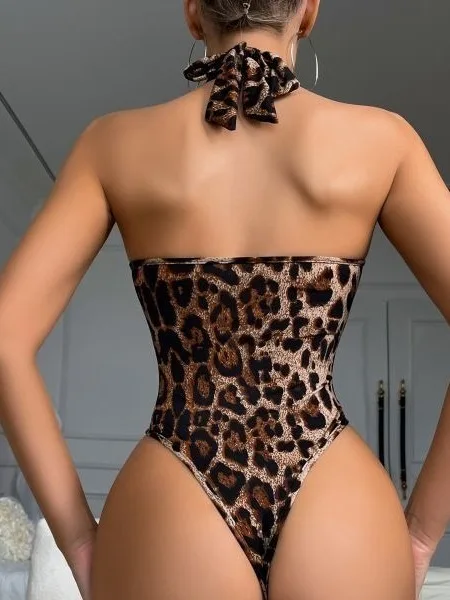 New Sexy Women's Leopard Print Mesh Hanging Neck Lace Jumpsuit Women Rompers Clothing Body Suits Knit Top Crop Tops Sweet U7MN