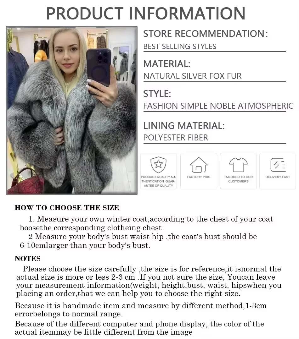 New Fox Fur Coat With Turndown Collar Real Fox Fur Jacket For Woman Winter Luxury Silver Fox Fur Jackets