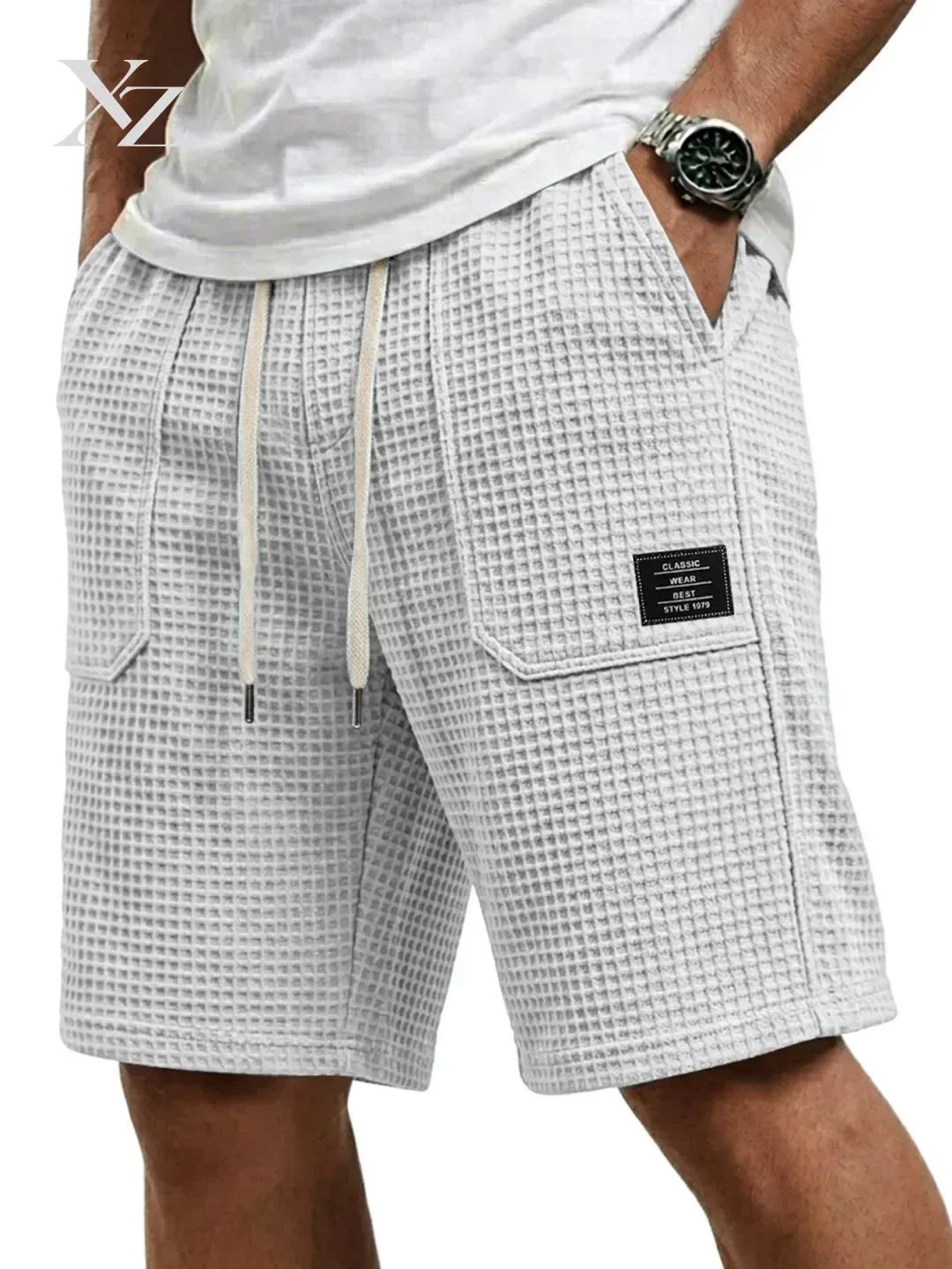 Men's Summer Casual Shorts with Drawstring Elastic Waist, Loose Fit 5 Inch Beach Half Pants with Pockets, Label Decoration