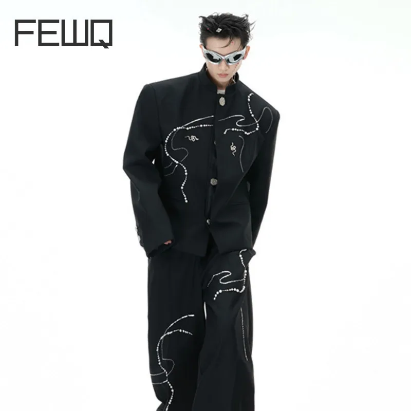 FEWQ Loose Simple High Wide Leg Pants Set 2025 Handmade Bead Design High Street Show Darkwear Male Sets 24K2102