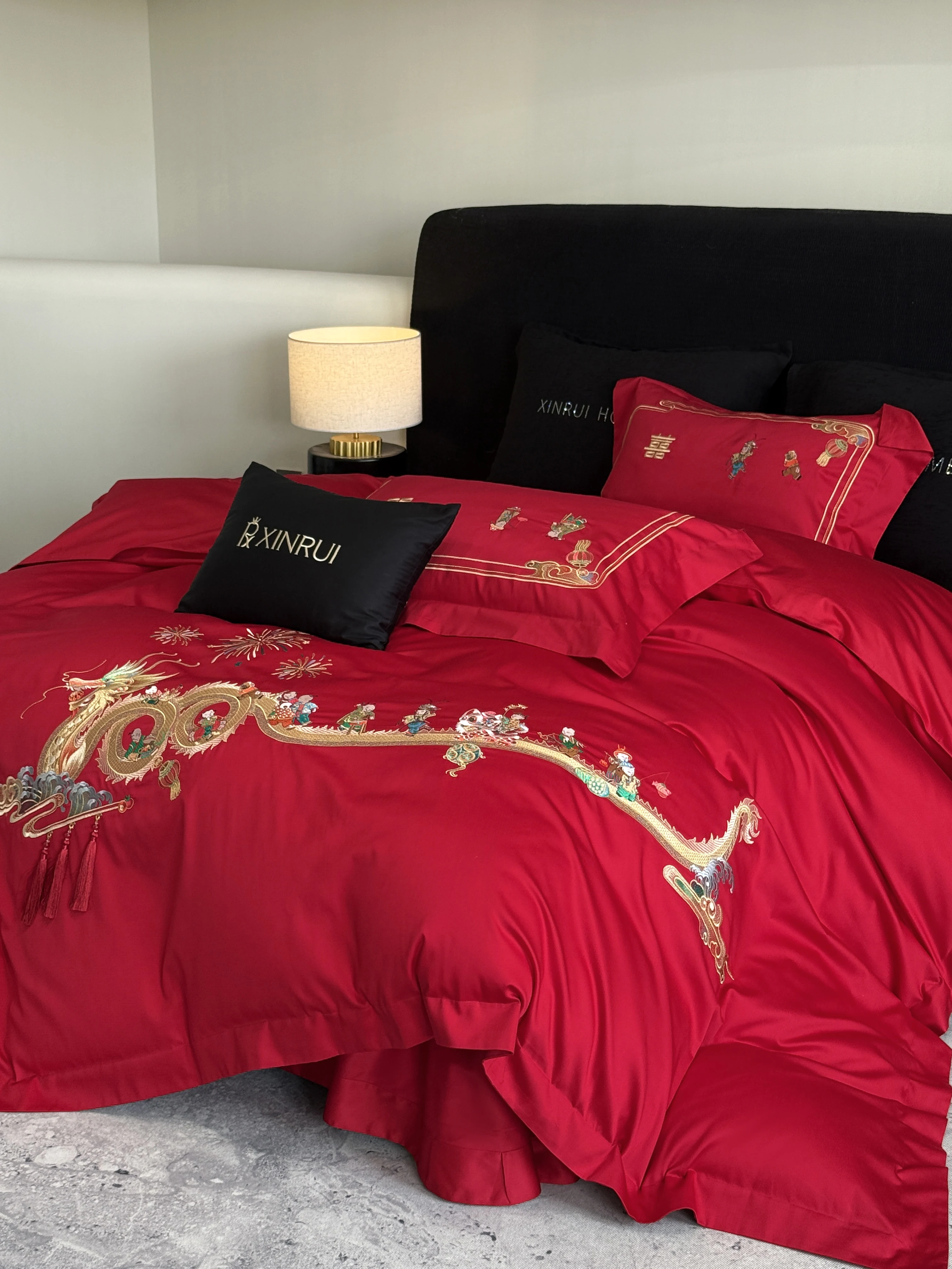 Red Chinese Wedding Bedding Set Luxury Dragon Embroidery 100% Cotton Duvet Cover Set Queen King Size Premium Bedclothes 4Pcs