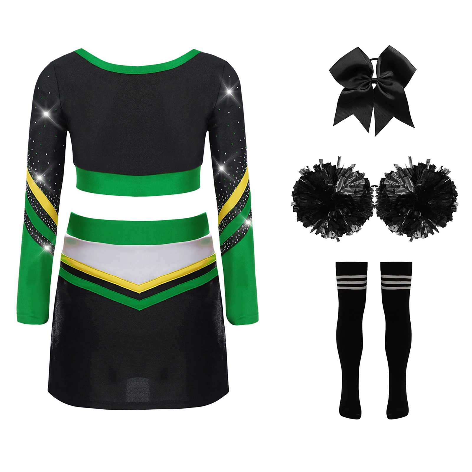 Kids School Girls Cheerleader Uniforms Set Long Sleeve Crop Top Skirt Socks Clothes for Children Cheerleading Dance Outfits