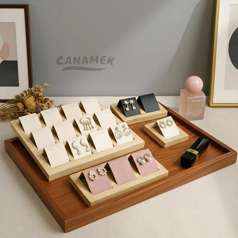 Bamboo Earring Display Stand Multi Slots Soft Velvet Lining Storage Organizer for Jewelry Shops Home Dresser Decor