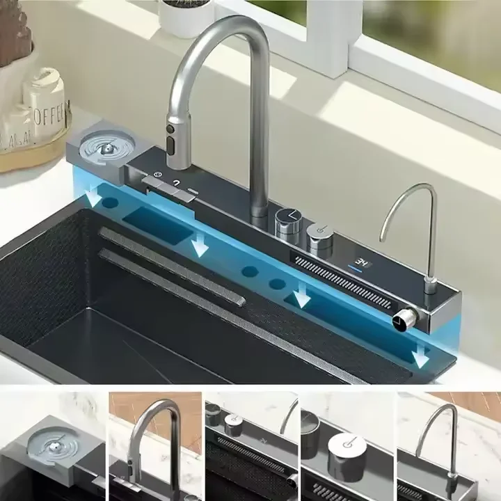 multifunction black waterfall rainfall single bowl kitchen sink stainless steel kitchen sink set