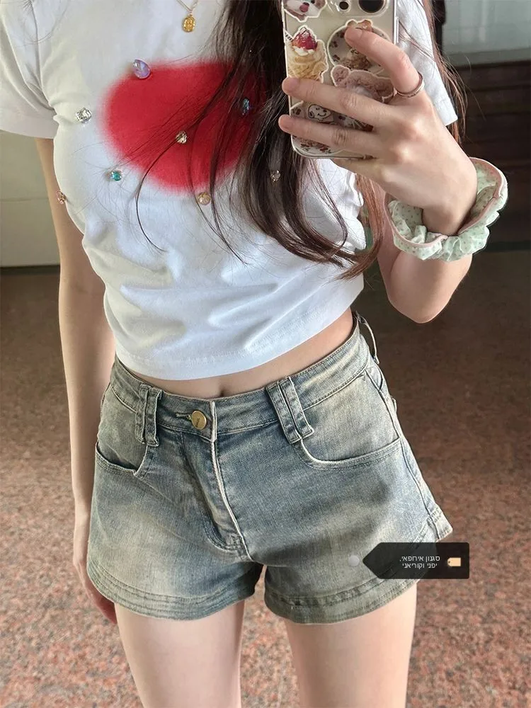 

High Waist Draped American Style Denim Shorts Women Summer Design Vintage A-Line Hot Pants Outdoor Wear Retro Process