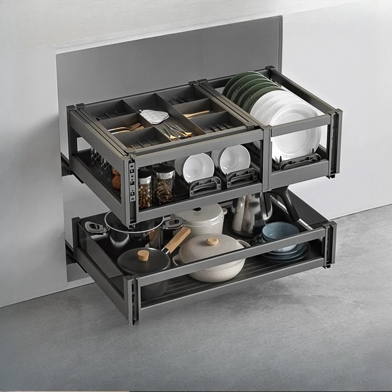 Pull-out basket kitchen cabinet double-layer drawer space aluminum drawer with built-in seasoning storage dish basket