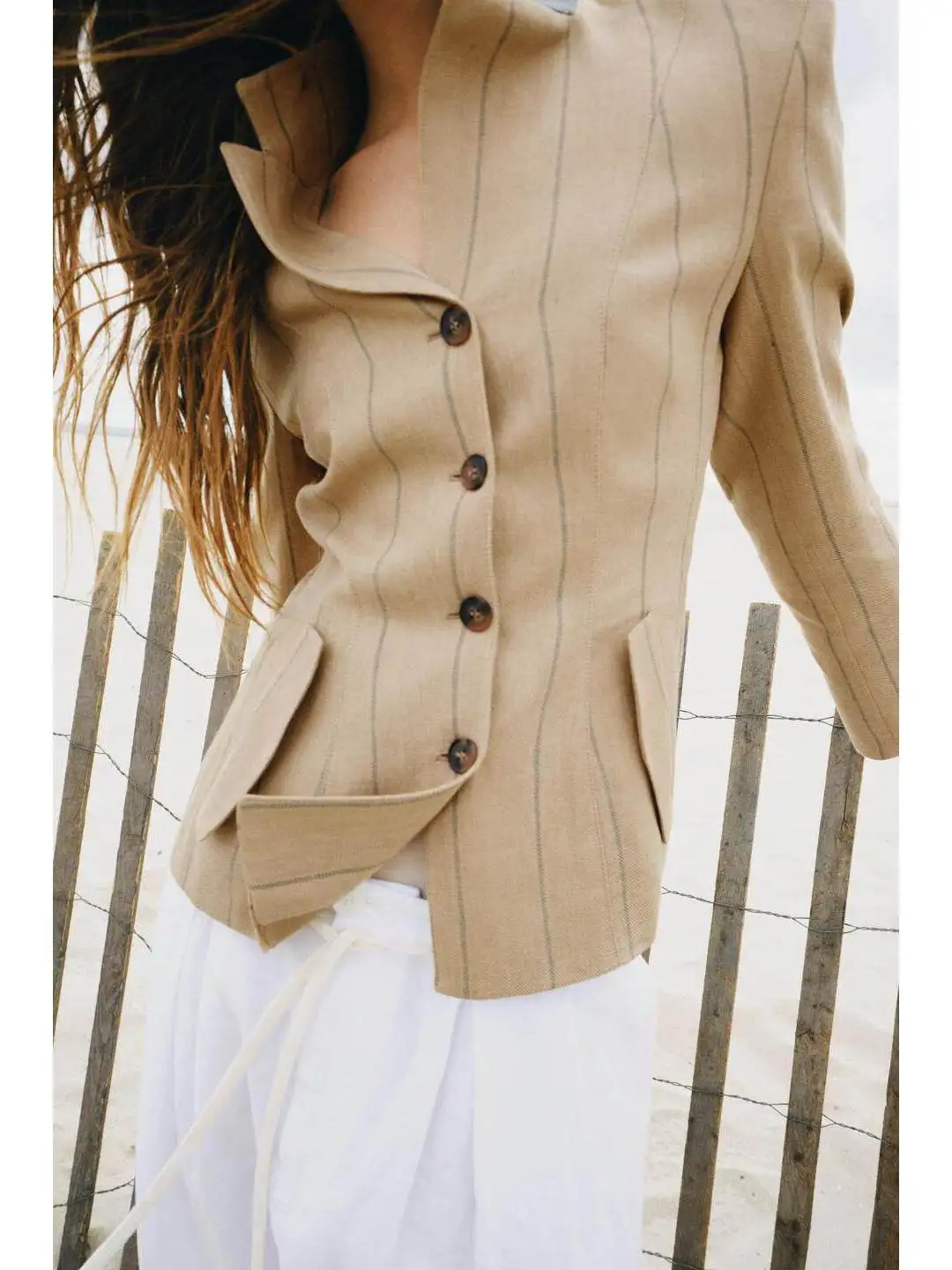 Summer Striped Long Sleeve Suit Jacket Zipper Closure Straight Leg Color Block Stand Collar Women's Polyester Fiber Outerwear
