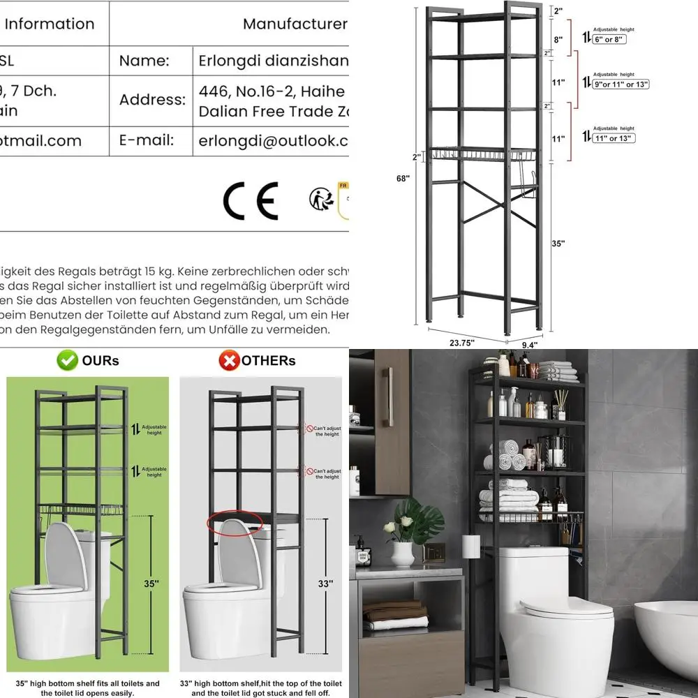 

4-Tier Freestanding Over Toilet Storage Shelf with Adjustable Basket, Space-Saving Bathroom Organizer in Pure Black