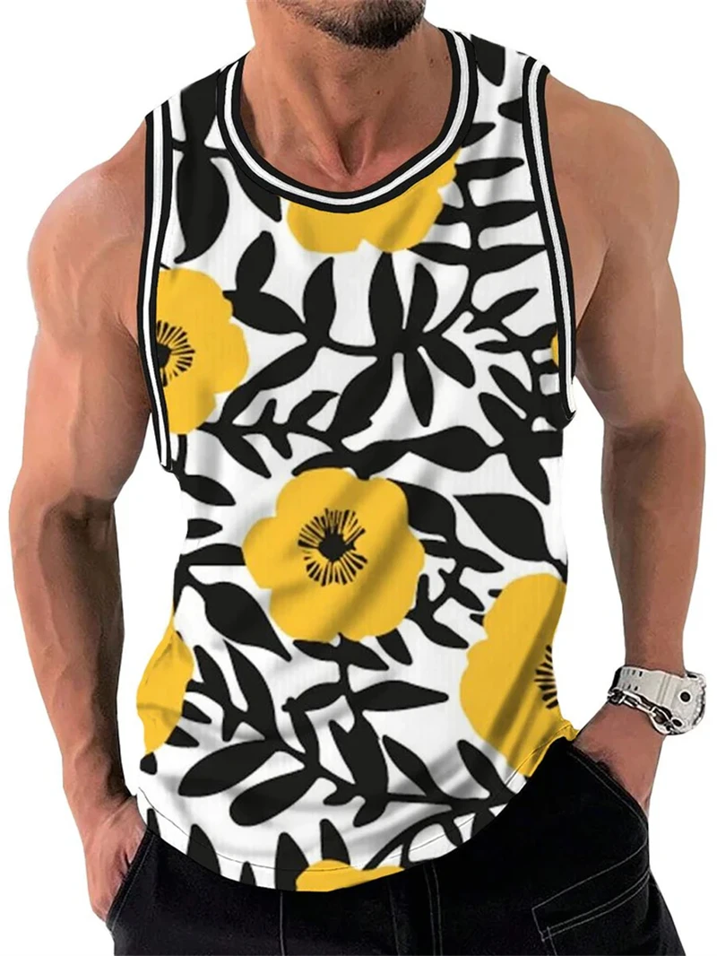 Simple Floral Graphic Tank Tops For Men Fashion Summer Crew Neck 3D Printed Sleeveless Vest Casual Oversized Quick Dry Clothing