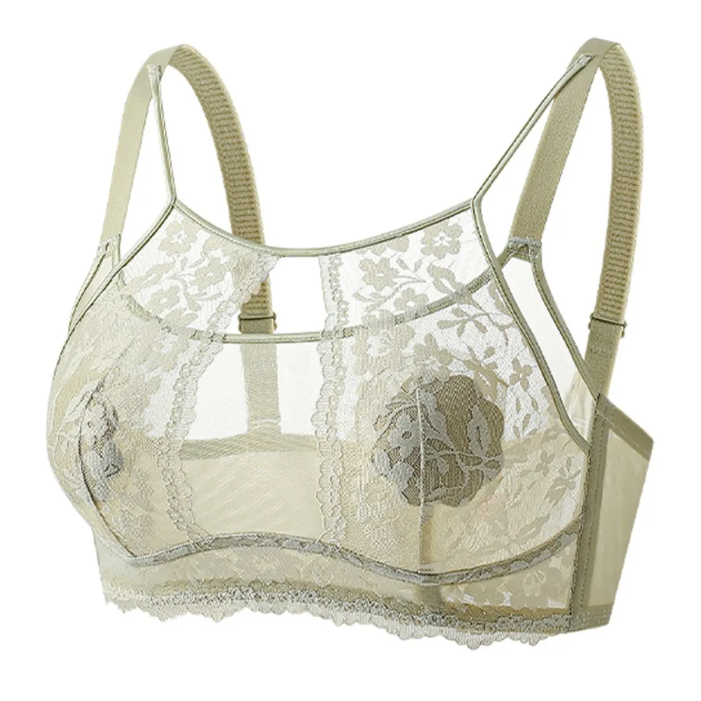 Fashion Mesh Flower Wireless Deep V Bra Shockproof Lingerie Underwear for Women Adjustable Anti-sagging Lace Thin Bra Gifts
