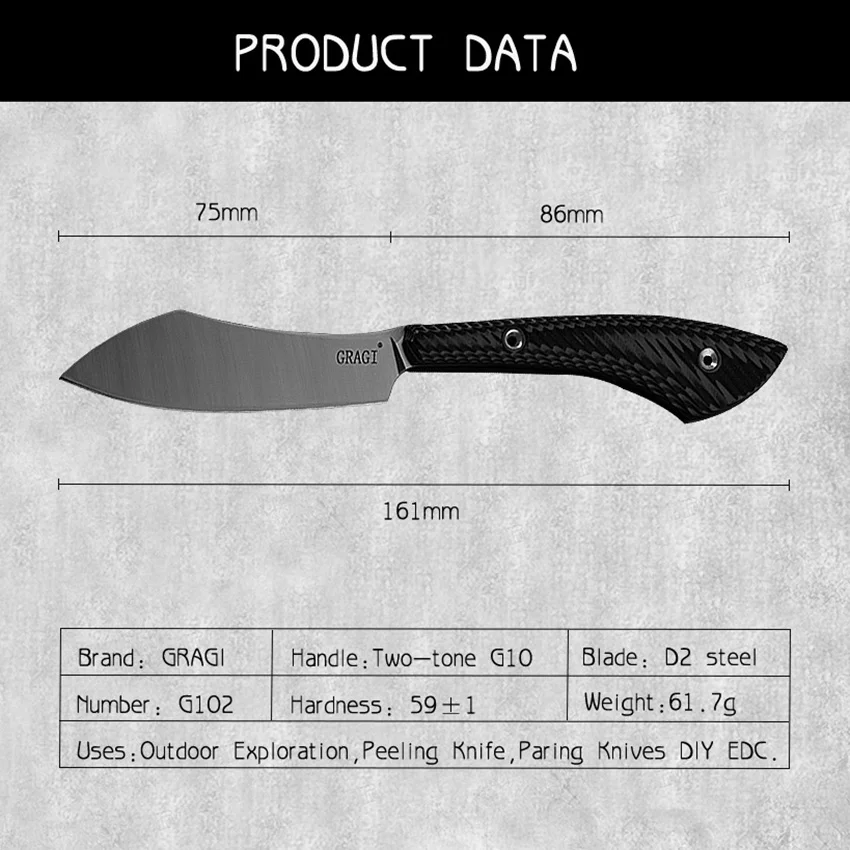 Imagem -02 - Gragi-fixed Blade Faca de Caça Uso Diário Peeling d2 Blade Two-tone G10 Handle Mini Facas Paring Faça Você Mesmo Tools Edc G102 3