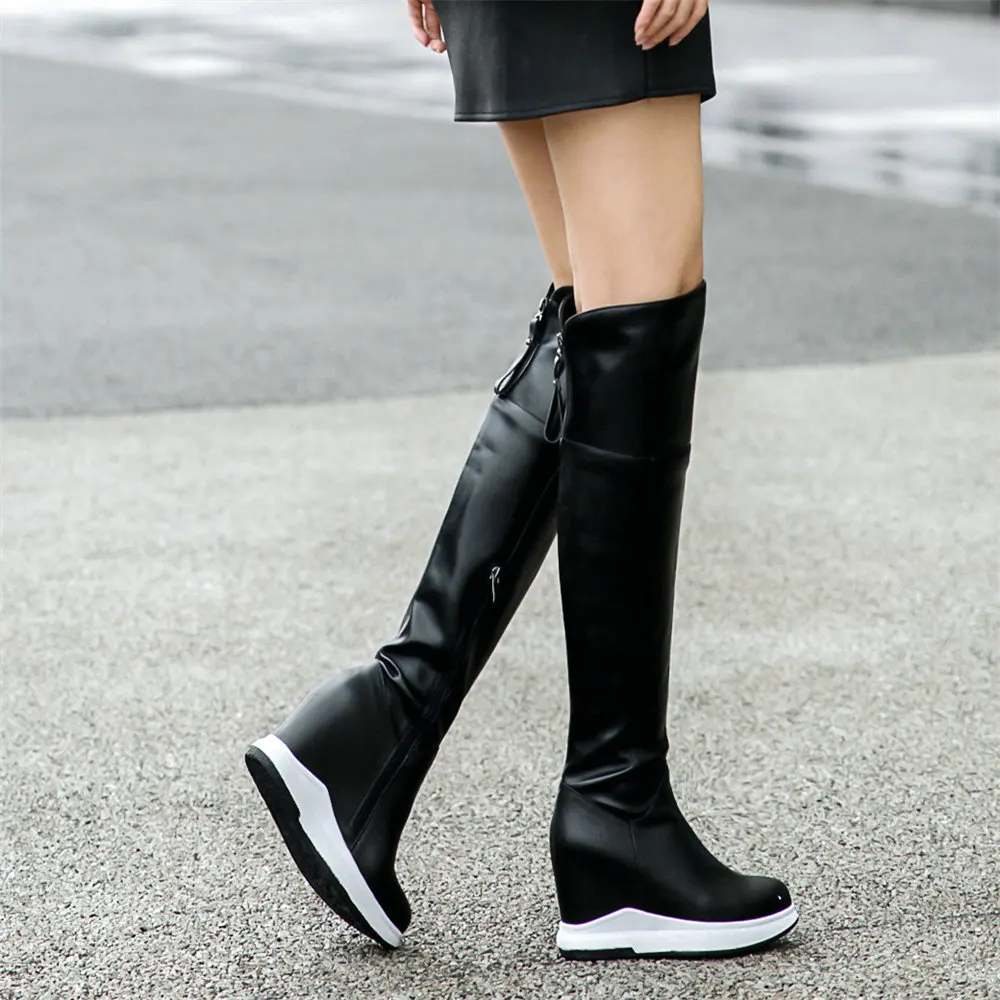 Winter Platform Pumps Shoes Women Genuine Leather Wedges High Heel Motorcycle Boots Female Round Toe Thigh High Fashion Sneakers