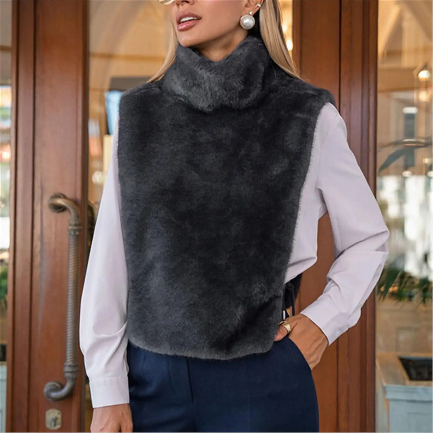 

Жилет из искусственного меха, женский теплый жилет с высоким воротником, осень-зима, мояя накладка на плечо, топ, качественный материал, чистый цвет