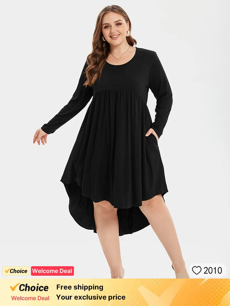 Plus Sized Clothing Loose Round Neck Long Sleeve Dress with Pockets Ruched High Low Dress Solid Color Loose A-line Women's Dress