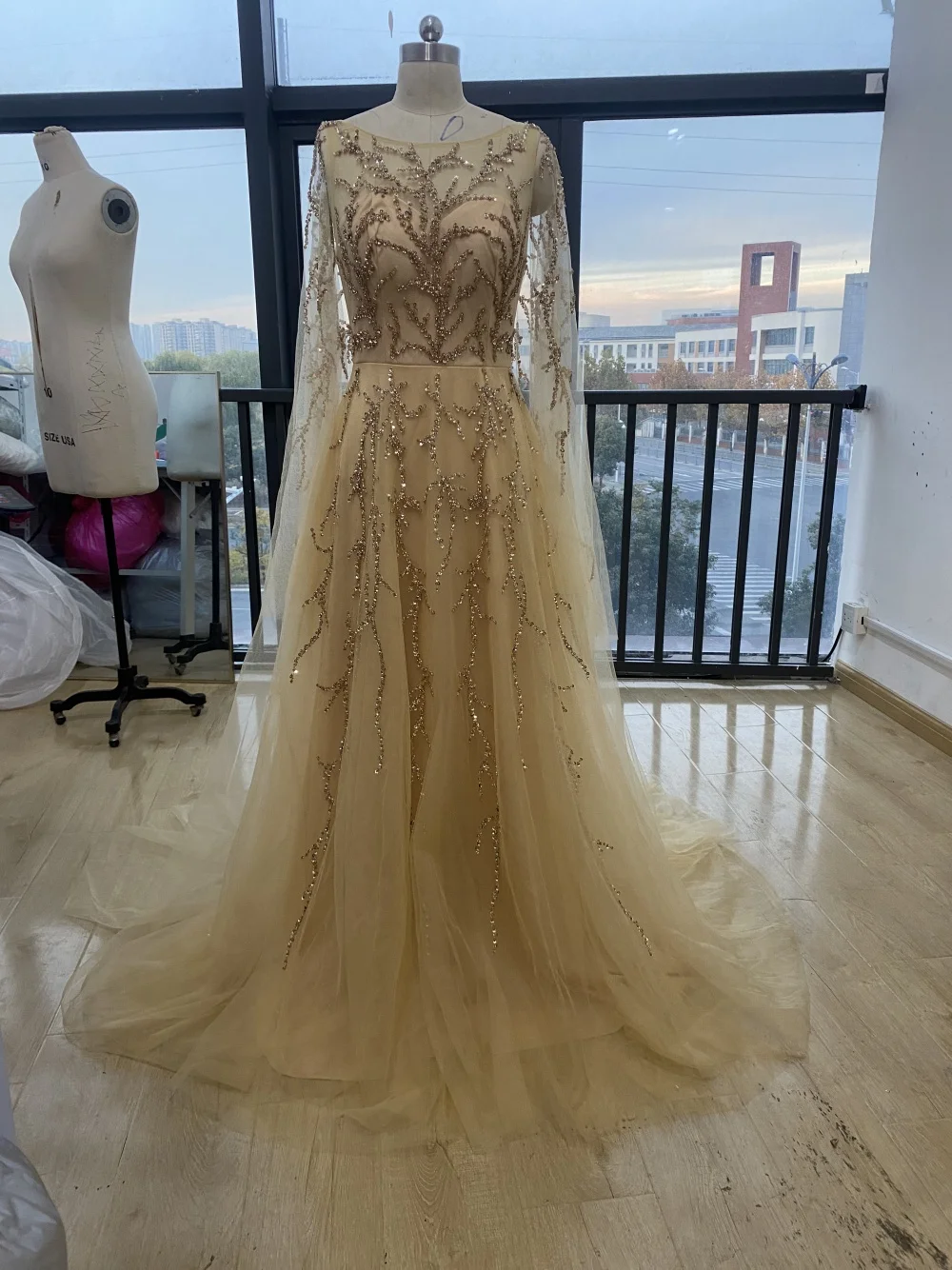 CloverBridal In Stock Real Video Luxury Champagne Dresses for Special Events 2023 Sequins Long Shoulder Train Party Dress WE9479