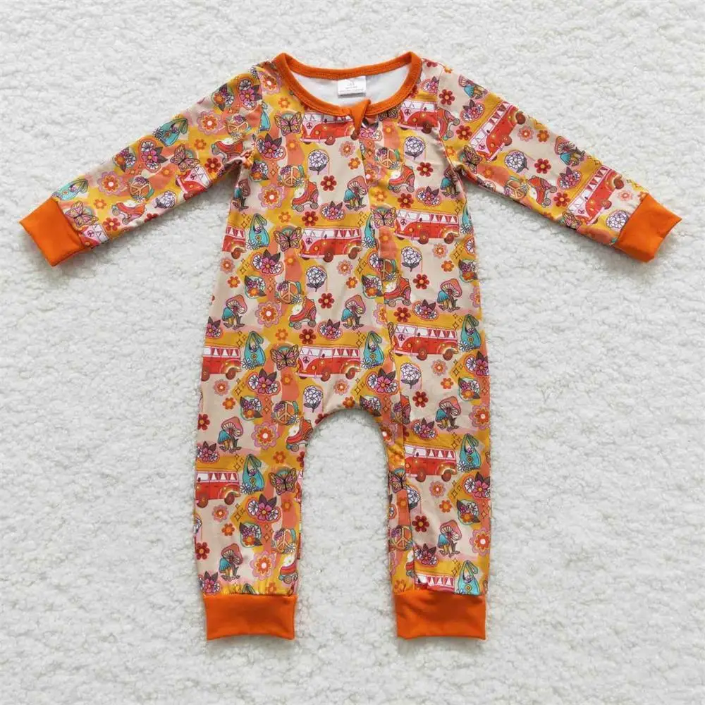 

Wholesale Newborn Zipper Long Sleeves Baby Girl Flower Bus Jumpsuit Kid Children Clothes Orange One-piece Toddler Flower Romper