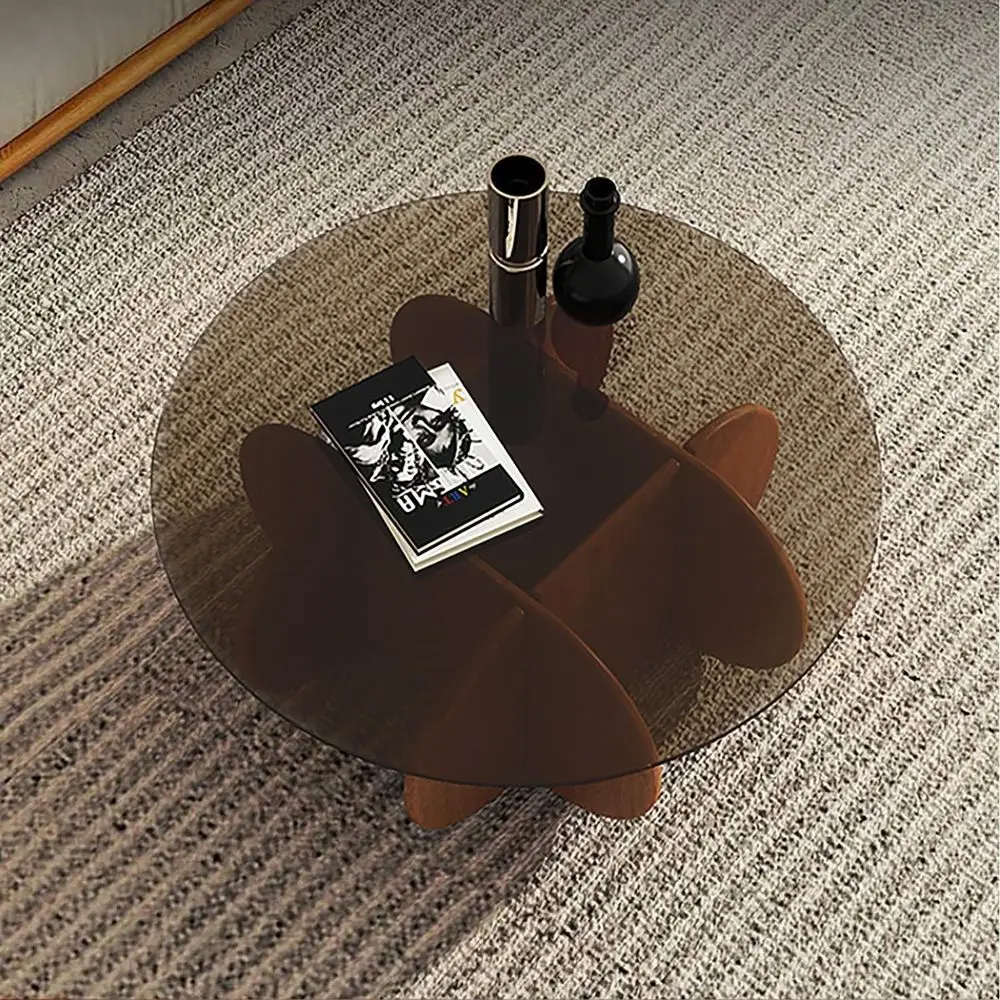 Mid-Century Modern Round Glass Coffee Table - Small Walnut Brown Table for Living Spaces & Offices